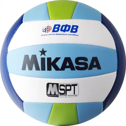 Мяч вол. пляжн. &quot;MIKASA VXS-BFU&quot;,р.5, синт.кожа(ТПУ),лого ВФВ,18 пан.,маш.сш,бут.кам,син-гол-зел, фото 2
