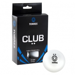 Мяч для наст. тенниса TORRES Club 2*, арт. TT0014, диам. 40+мм, упак. 6 шт, белый