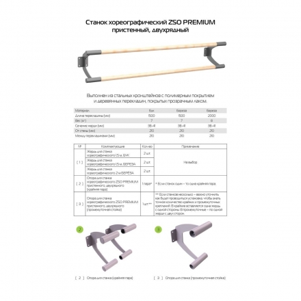 Станок хореографический ZSO Premium пристенный, однорядный 1,5 м, перекладина  D-40 мм Береза, фото 3