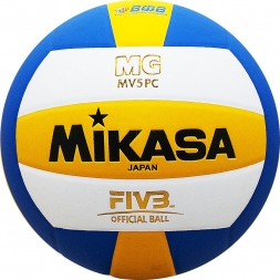 Мяч вол. &quot;MIKASA MV5PC&quot;, р.5, синт.кожа (ПВХ), клееный, бут.кам, бел-син-желт, фото 1
